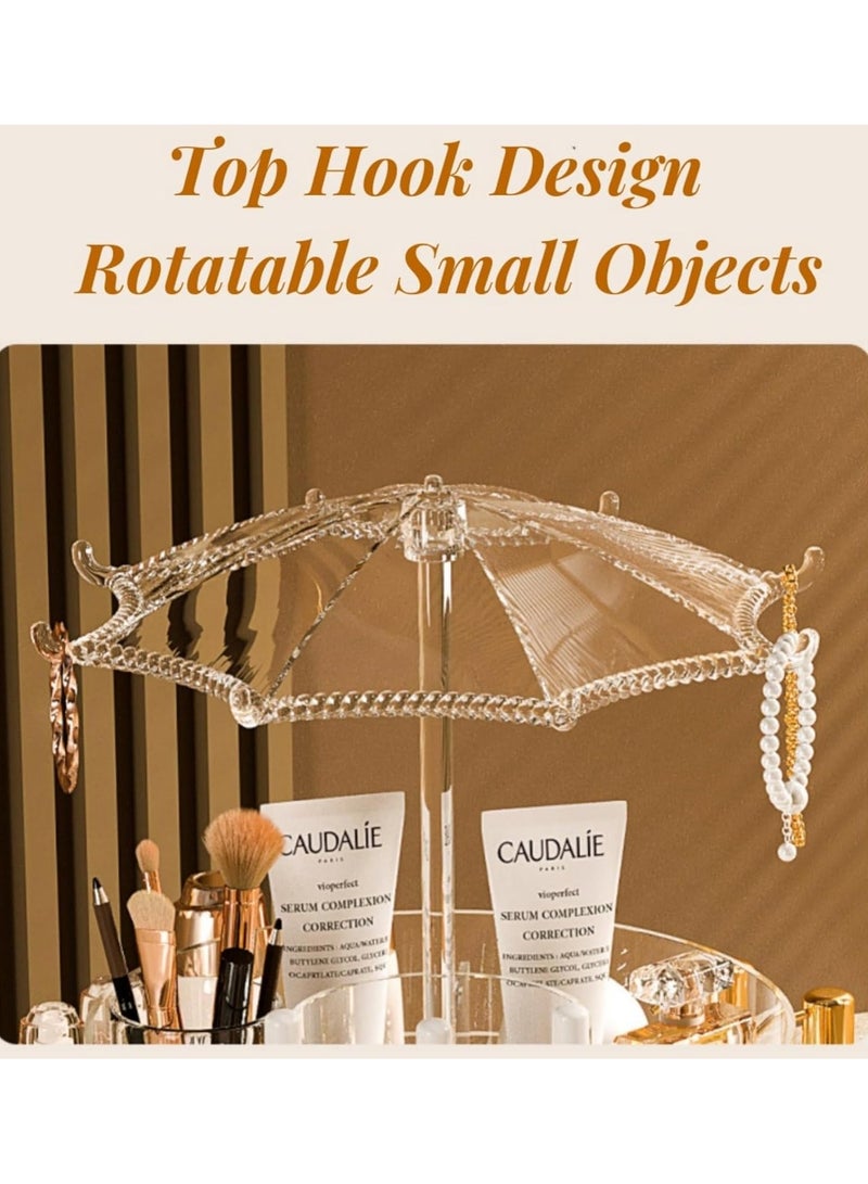 UrbanEssentia 360° Rotating Makeup Organizer, Bathroom Vanity Organizer with Umbrella Hook, Dressing Table Organizer, Large Acrylic Skincare and Cosmetic Storage Display for Countertops. - Image 3