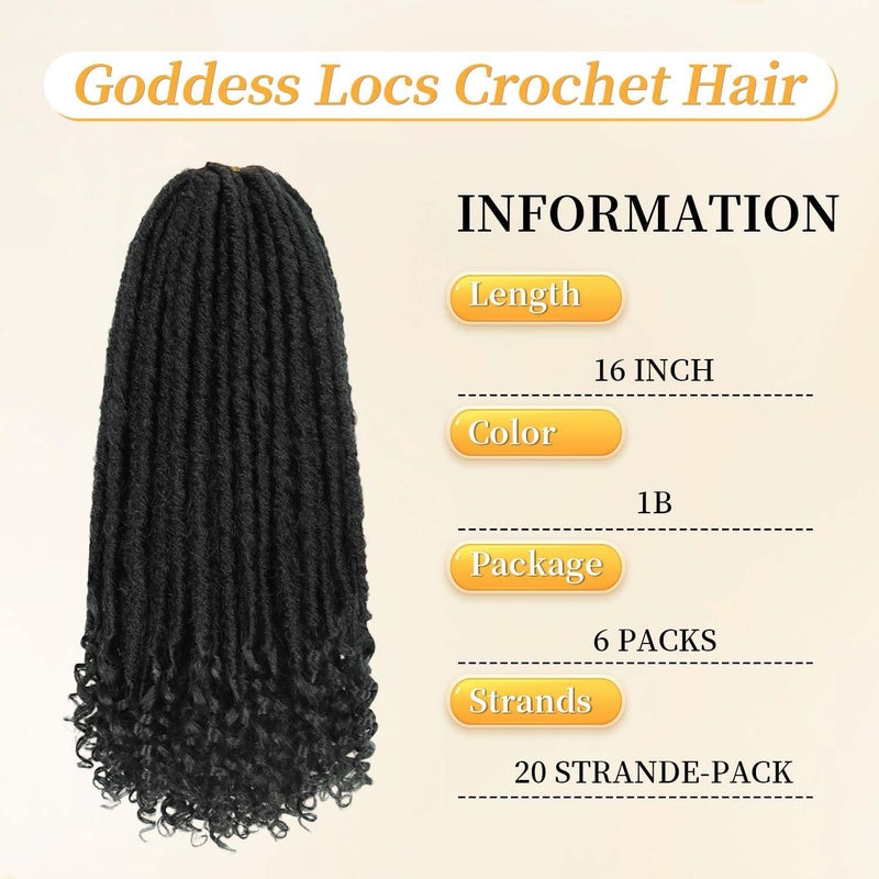 MODERN QUEEN Goddess Locs Crochet Hair 6 Packs, 16 Inch Straight Faux Locs Crochet Braids, Pre-Looped Curly Soft Synthetic Braiding Hair Extensions for Black Women(16 Inch, 6 Packs, 1B#) - Image 2
