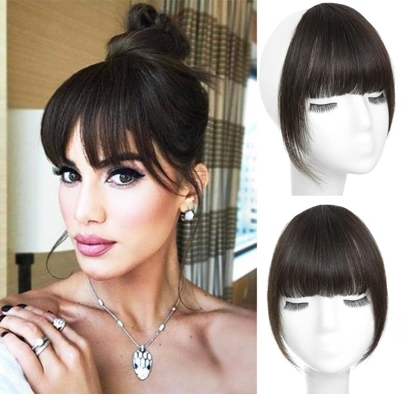 ORIGEN Clip in Bangs Real Human Hair Clip on Wispy Bangs Fringe with Temples Hairpieces Fake Front Bangs Extensions for Women Brown Black Color - Image 1
