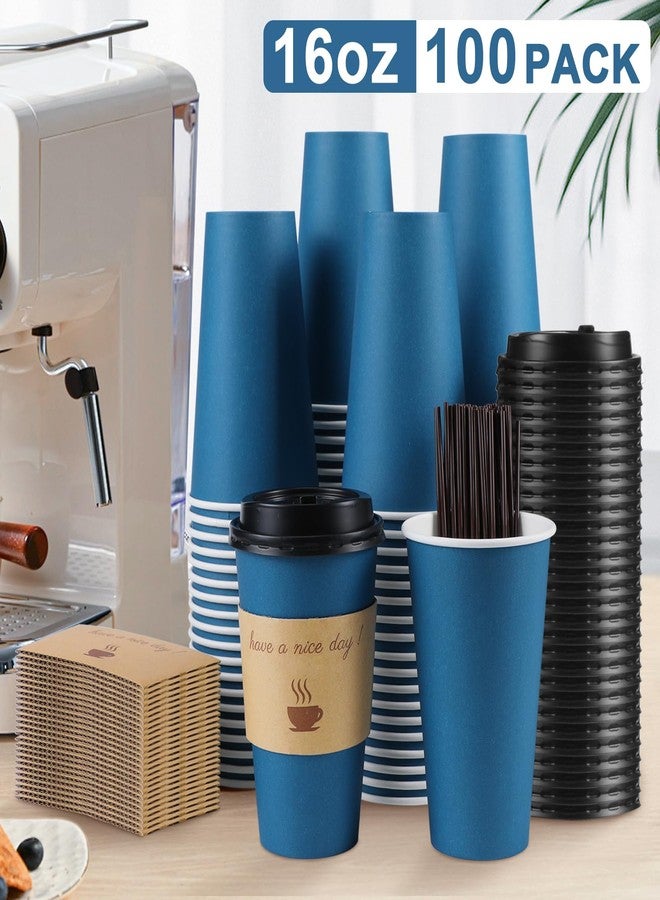 Clawsoff 100 Pack 16 oz Coffee Cups with Lids, Disposable To Go Paper Coffee Cups with Sleeves and Stirring Sticks for Hot/Cold Drinks Office Home Shop Event (Navy) - Image 3
