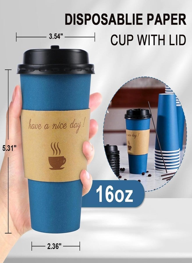 Clawsoff 100 Pack 16 oz Coffee Cups with Lids, Disposable To Go Paper Coffee Cups with Sleeves and Stirring Sticks for Hot/Cold Drinks Office Home Shop Event (Navy) - Image 2