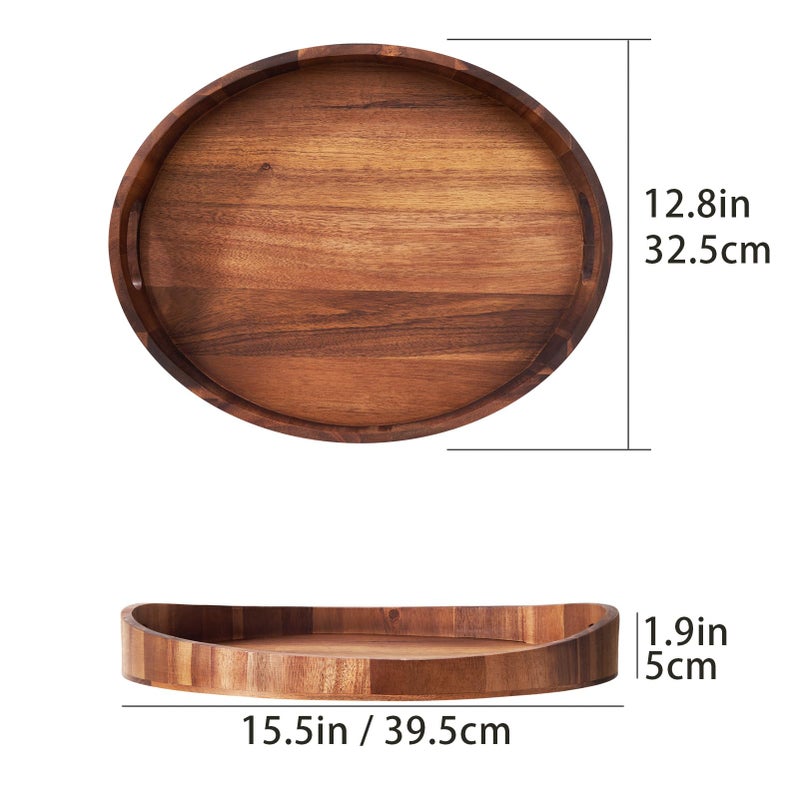SARUFO Acacia Wood Round Ottoman Tray â€“ Decorative Serving Tray with Handles for Coffee Table, Breakfast in Bed, Living Room, Kitchen Counter, Candle Display, Tea Party, Lunch, Dinner, Bathroom - Image 2