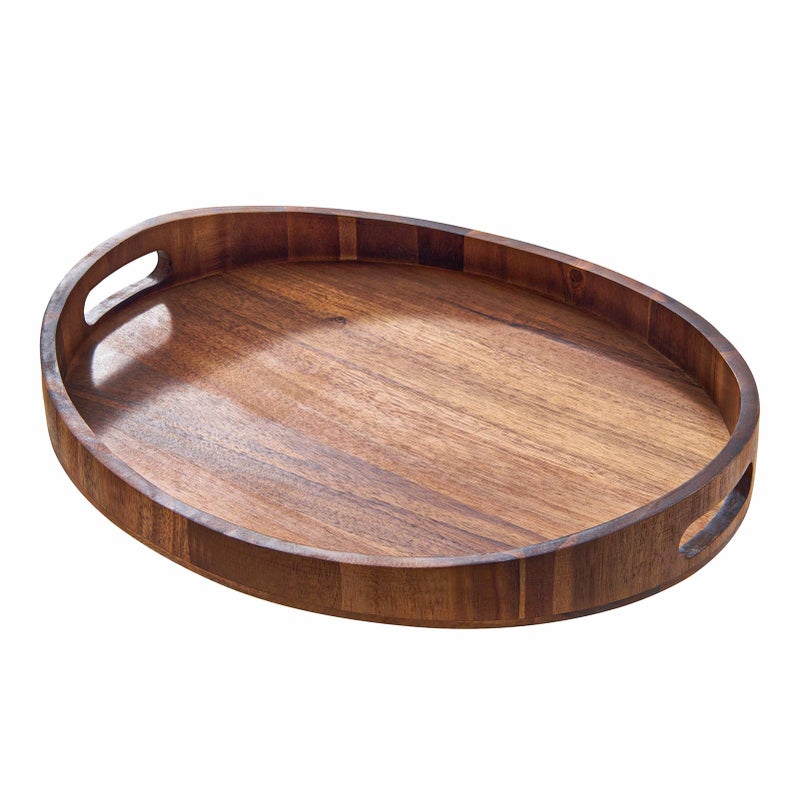 SARUFO Acacia Wood Round Ottoman Tray â€“ Decorative Serving Tray with Handles for Coffee Table, Breakfast in Bed, Living Room, Kitchen Counter, Candle Display, Tea Party, Lunch, Dinner, Bathroom - Image 1