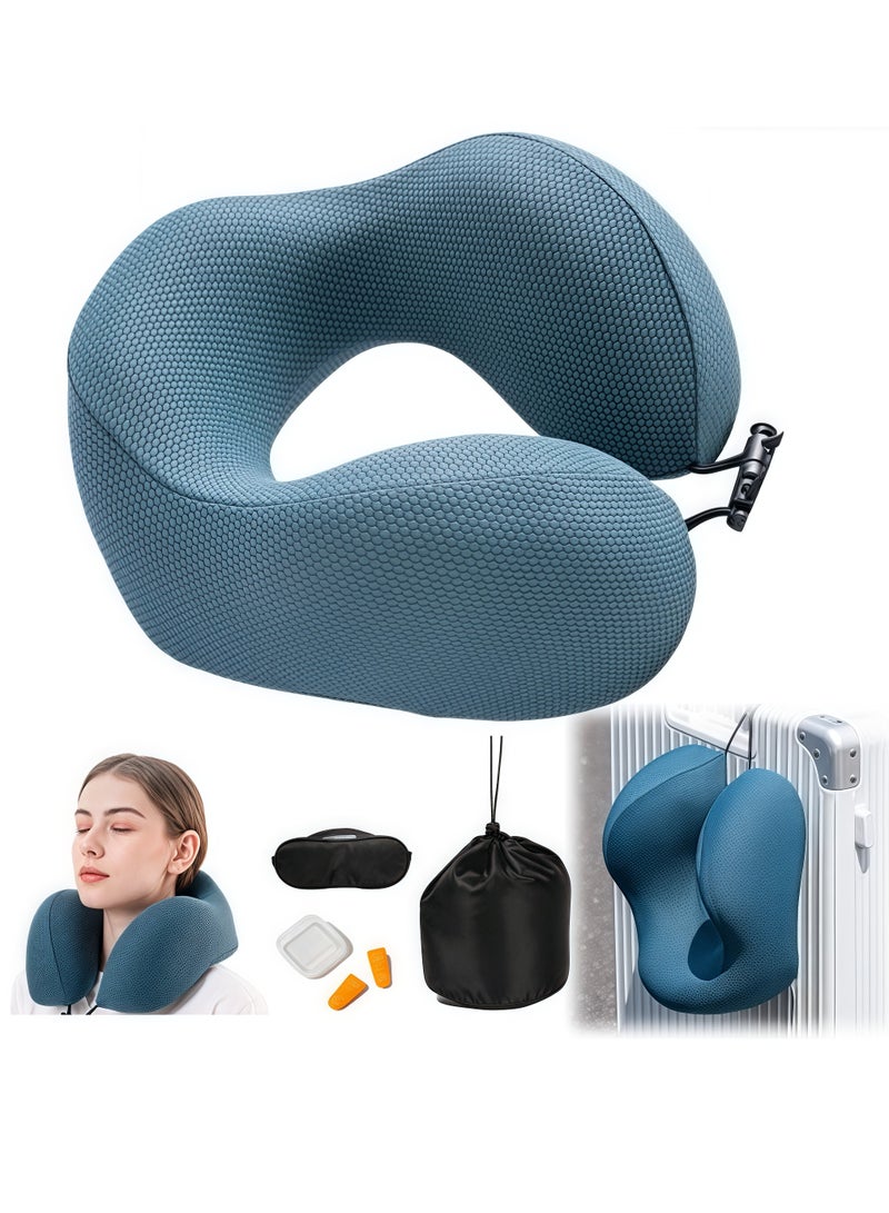 Travel Pillow 100% Memory Foam Pillow, Airplane Neck Pillow, Sleep Rest and Car Neck and Head Support Pillow, Travel Pillow Set with Storage Bag, Sleeping Mask and Ear Plugs (Light Blue) - Image 1