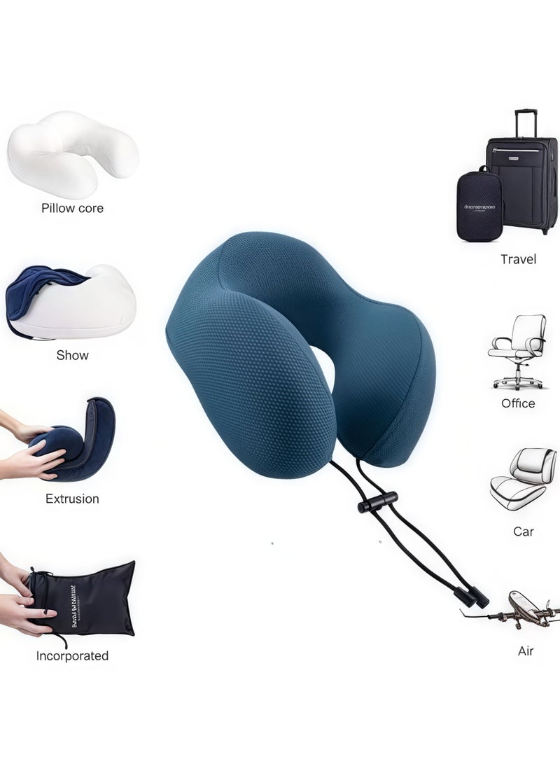 Travel Pillow 100% Memory Foam Pillow, Airplane Neck Pillow, Sleep Rest and Car Neck and Head Support Pillow, Travel Pillow Set with Storage Bag, Sleeping Mask and Ear Plugs (Light Blue) - Image 2