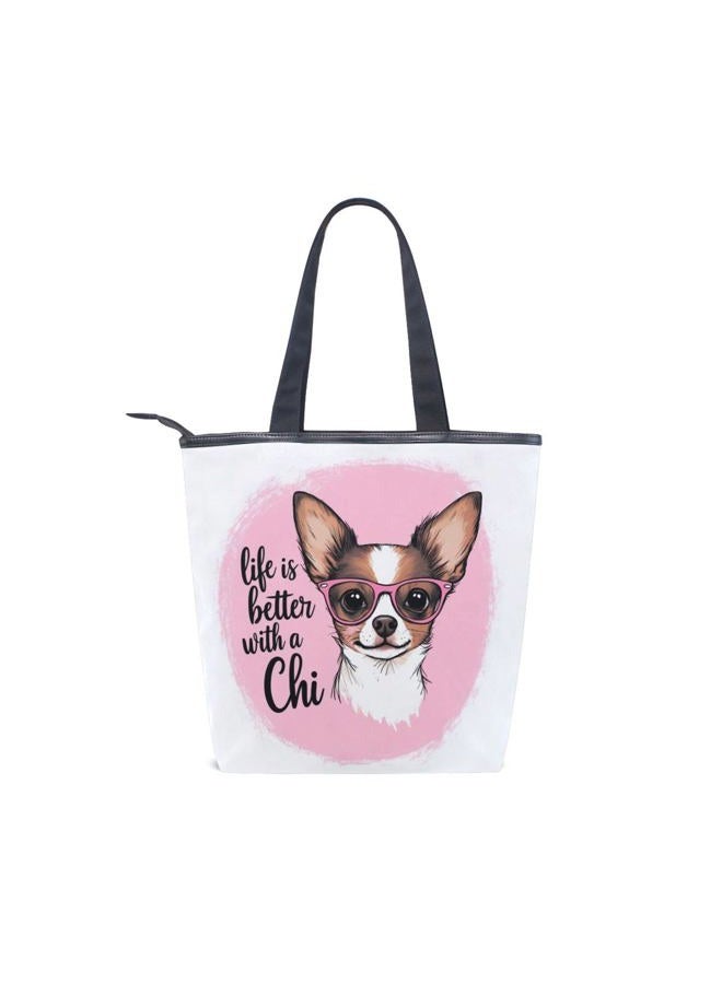 Pfrewn Pink Chihuahua Dog Canvas Tote Bag Bow Glasses Star Heart Puppy Casual Shoulder Bag Handbag with Zipper, Eco-Friendly Reusable Grocery Shopping Bags for Women Girls - Image 2
