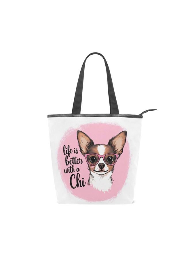 Pfrewn Pink Chihuahua Dog Canvas Tote Bag Bow Glasses Star Heart Puppy Casual Shoulder Bag Handbag with Zipper, Eco-Friendly Reusable Grocery Shopping Bags for Women Girls - Image 1
