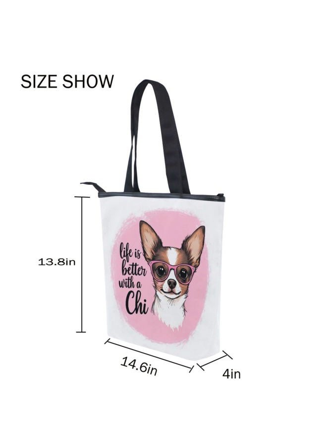 Pfrewn Pink Chihuahua Dog Canvas Tote Bag Bow Glasses Star Heart Puppy Casual Shoulder Bag Handbag with Zipper, Eco-Friendly Reusable Grocery Shopping Bags for Women Girls - Image 3