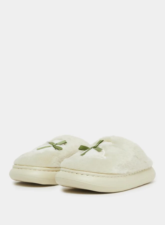 Take Two Faux Fur Plush Bow Detail Bedroom Slippers