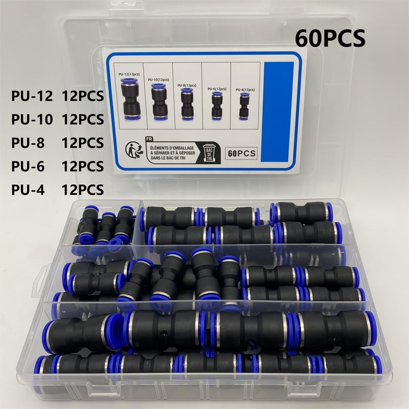 60pcs Quick Connection Air Hose Fitting Kit 4 6 8 10 12mm OD Push In Pneumatic - Image 1