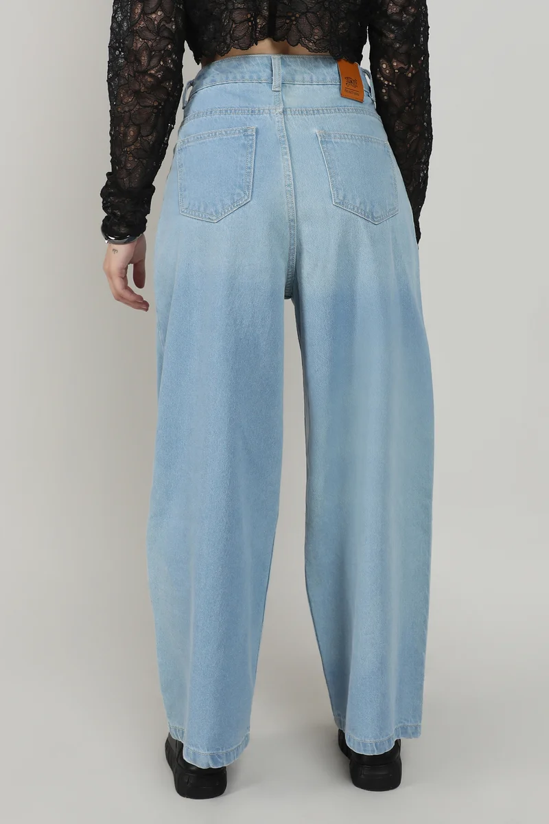 Campus Sutra Women's Light Blue Pleated Baggy Denim Jeans