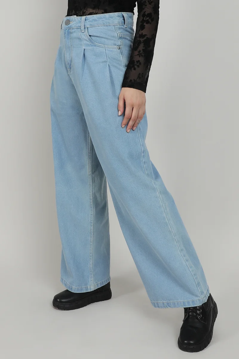 Campus Sutra Women's Light Blue Pleated Baggy Denim Jeans