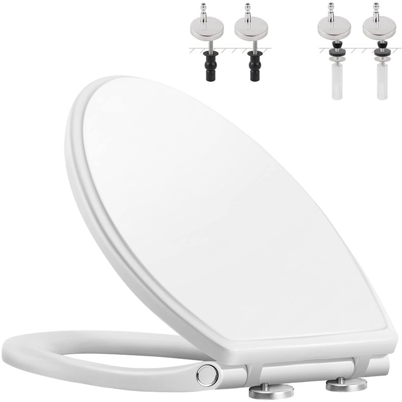 Hibbent Premium Elongated Toilet Seat with CoverOval Quiet Close OneClick to Quick Release Easy Installation Never Loosen Hinge Slow Close Toilet Seat and Cover Easy CleaningWhite Color