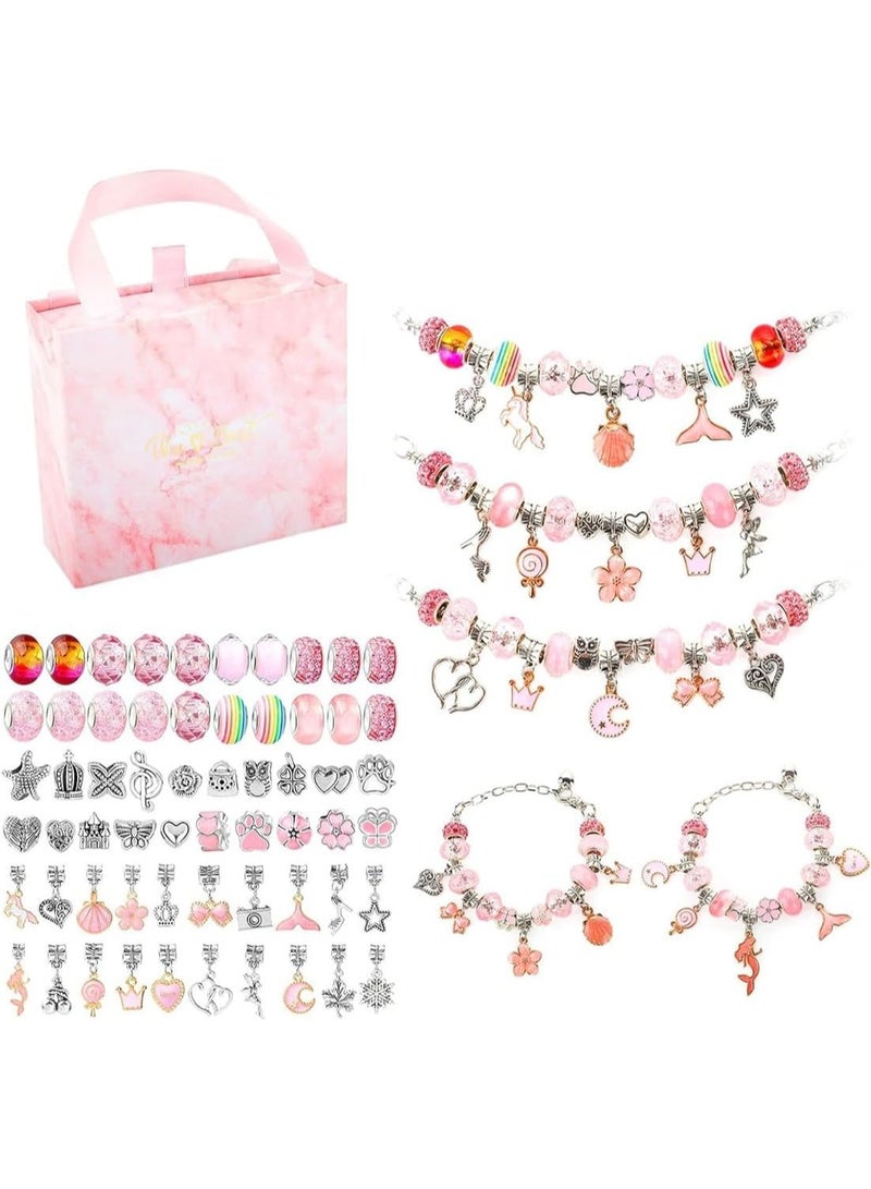 Meishida 66 Pcs Charm Bracelet Making Kit for Girls - DIY Jewelry Craft Set with Beads, Pendants, Adjustable Chains & Gift Box, Perfect Arts & Crafts Gift for Kids - Pink - Image 1