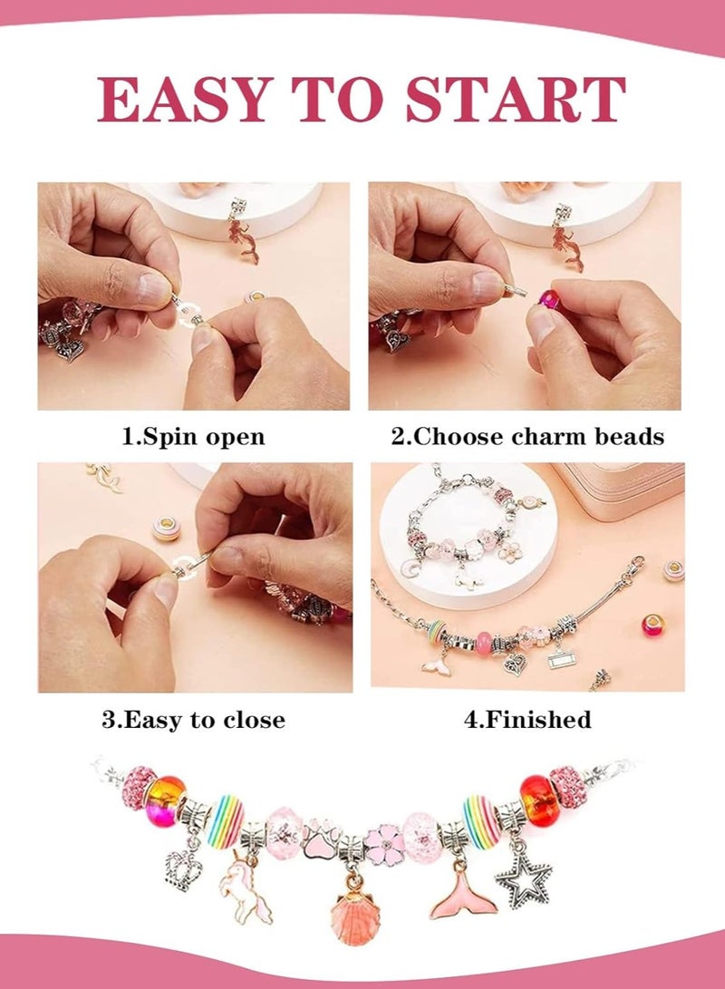 Meishida 66 Pcs Charm Bracelet Making Kit for Girls - DIY Jewelry Craft Set with Beads, Pendants, Adjustable Chains & Gift Box, Perfect Arts & Crafts Gift for Kids - Pink - Image 3