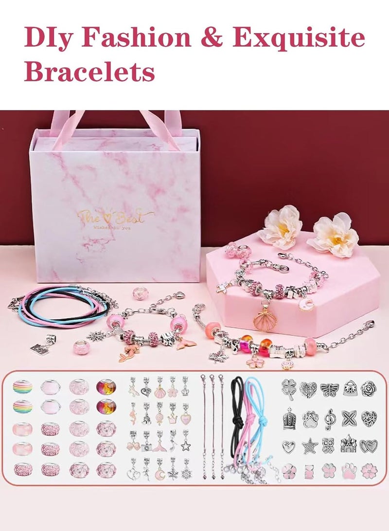 Meishida 66 Pcs Charm Bracelet Making Kit for Girls - DIY Jewelry Craft Set with Beads, Pendants, Adjustable Chains & Gift Box, Perfect Arts & Crafts Gift for Kids - Pink - Image 2