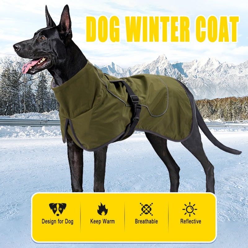 Dog Winter Coat X-Small Army Green: Soft Inner Fleece Adjustable High Collar - Reflective Strips Waterproof Fabric Leash Hole Adjustable Quick-Release Buckle Dog Jacket for Medium Large Dogs in Winter - Image 2