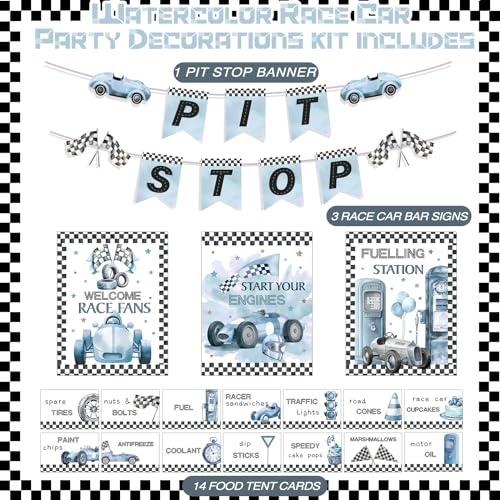 Sonwyoung 19 Pcs Race Car Birthday Party Decorations Boys Two Fast Vintage Birthday Decor 2 Fast Dusty Blue Black Wheel Checkered Supplies for Baby Shower Race Car One Party - Image 5