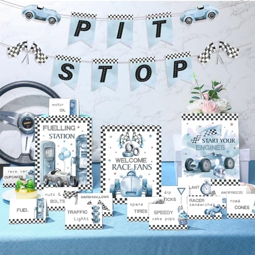Sonwyoung 19 Pcs Race Car Birthday Party Decorations Boys Two Fast Vintage Birthday Decor 2 Fast Dusty Blue Black Wheel Checkered Supplies for Baby Shower Race Car One Party - Image 1