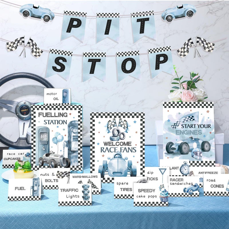 Sonwyoung 19 Pcs Race Car Birthday Party Decorations Boys Two Fast Vintage Birthday Decor 2 Fast Dusty Blue Black Wheel Checkered Supplies for Baby Shower Race Car One Party - Image 3