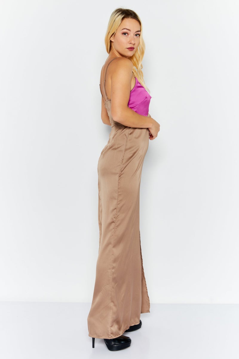 saint genies Women Satin Maxi Dress, Mocha - Image 3