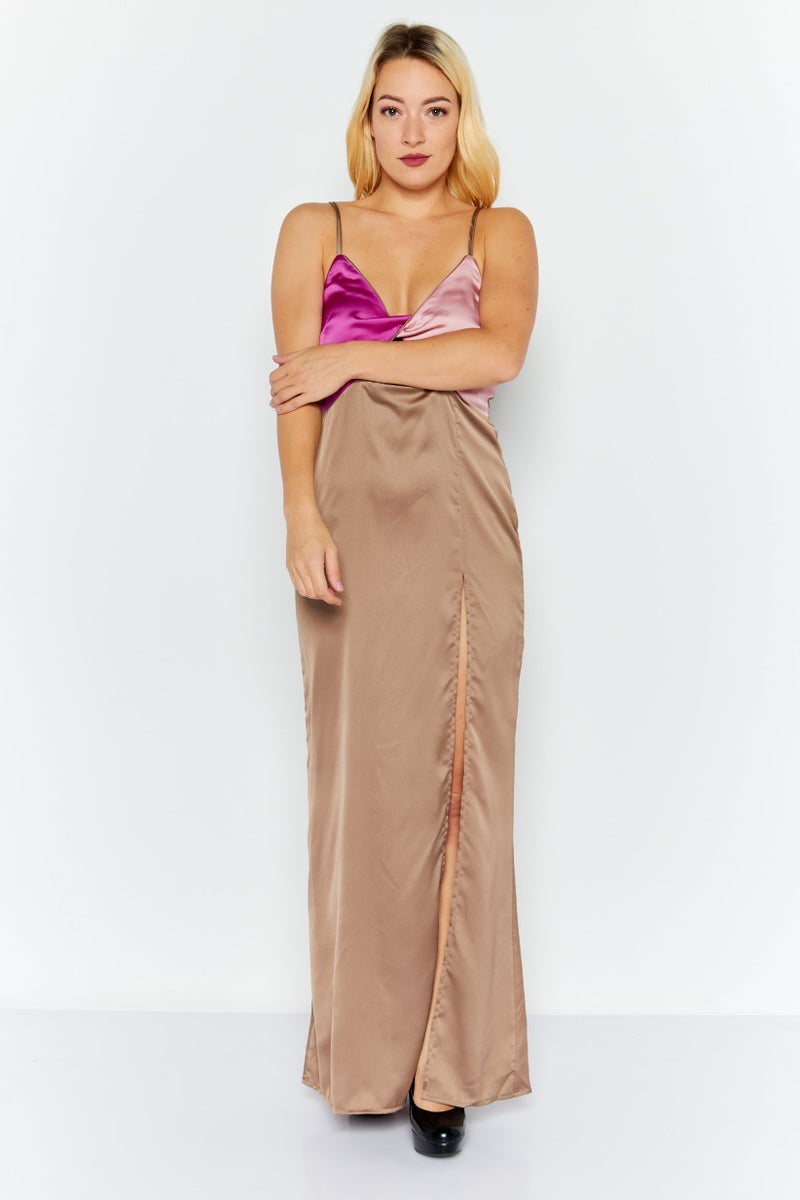 saint genies Women Satin Maxi Dress, Mocha - Image 1
