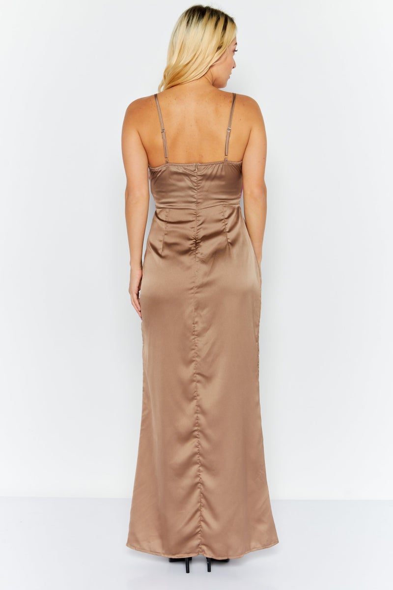 saint genies Women Satin Maxi Dress, Mocha - Image 2