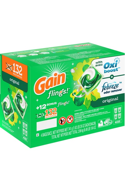 132-Pods Flings Liquid Laundry Detergent Tabs With Oxi Boost & Febreze Odor Remover
