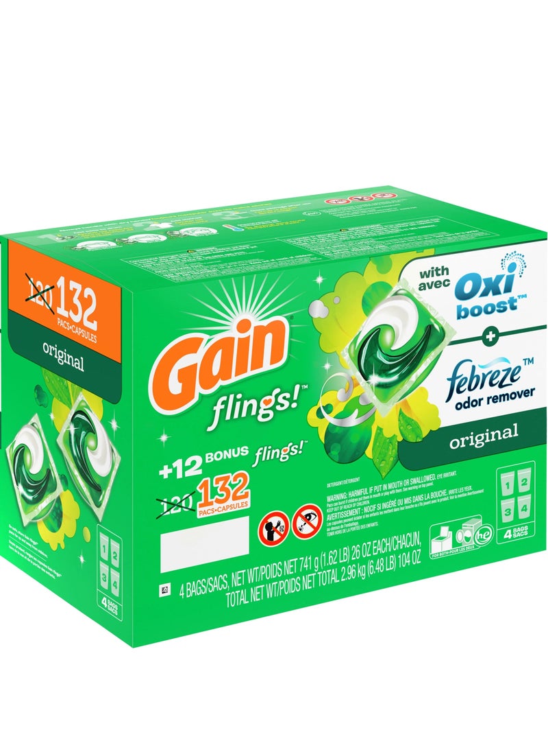 132-Pods Flings Liquid Laundry Detergent Tabs With Oxi Boost & Febreze Odor Remover