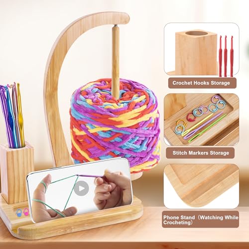 FOGWOWO Upgraded Yarn Holder for Crocheting and KnittingWooden Crochet Yarn Holder Magnetic Yarn Spinner with Crochet Accessories Storage and Phone StandYarn Ball Holder Crochet Gift for Knitting Lovers - Image 3