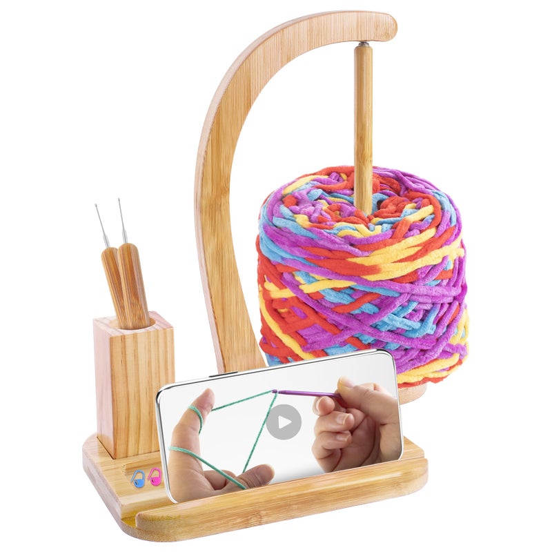 FOGWOWO Upgraded Yarn Holder for Crocheting and KnittingWooden Crochet Yarn Holder Magnetic Yarn Spinner with Crochet Accessories Storage and Phone StandYarn Ball Holder Crochet Gift for Knitting Lovers - Image 2