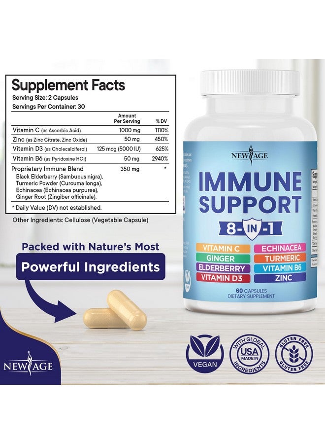 NEW AGE 8 in 1 Immune Support Booster Supplement with Echinacea, Vitamin C and Zinc 50mg, Vitamin D 5000 IU, Turmeric Curcumin & Ginger, B6, Elderberry (8 in 1 Capsules (Pack of 3)) - Image 2