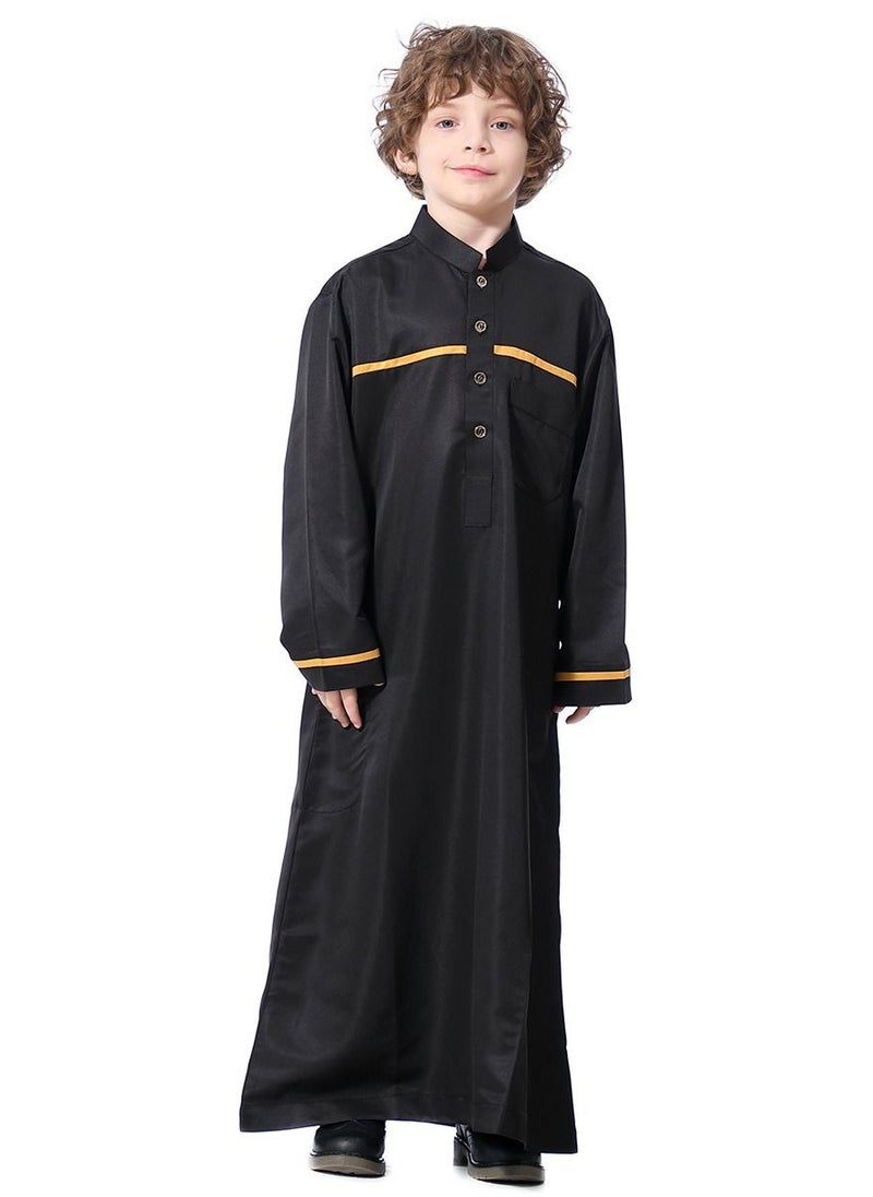 Loquat - Boys Concise Style Stand Collar Long Sleeve Abaya Robe Islamic Arabic Casual Kaftan Black - Image 1