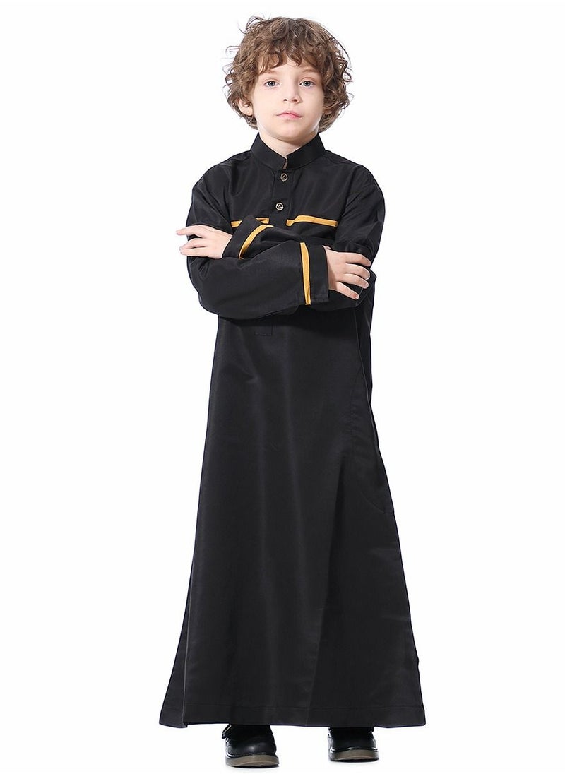 Loquat - Boys Concise Style Stand Collar Long Sleeve Abaya Robe Islamic Arabic Casual Kaftan Black - Image 1