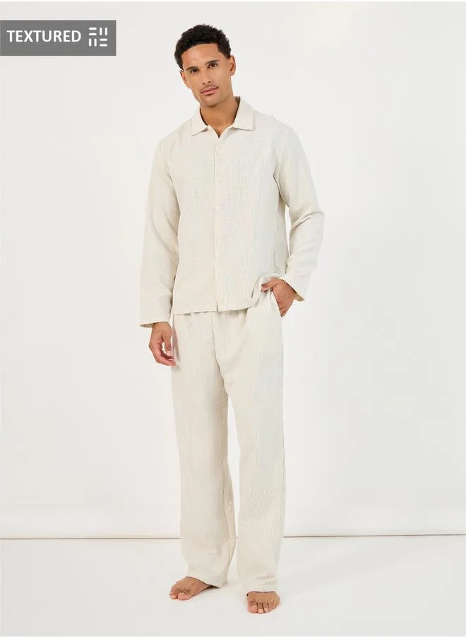 Styli Textured Woven Striped Long Sleeve Shirt & Pyjama Set