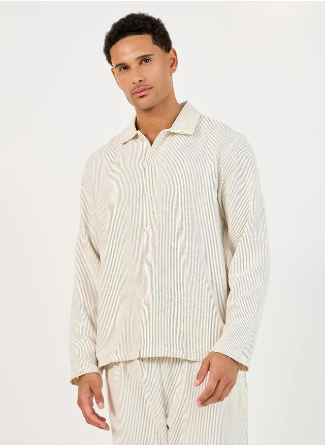 Styli Textured Woven Striped Long Sleeve Shirt & Pyjama Set