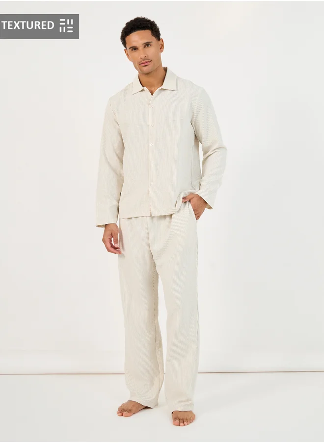 ستايلي Styli Textured Woven Striped Long Sleeve Shirt and Pyjama Set