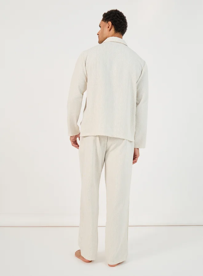 Styli Textured Woven Striped Long Sleeve Shirt and Pyjama Set
