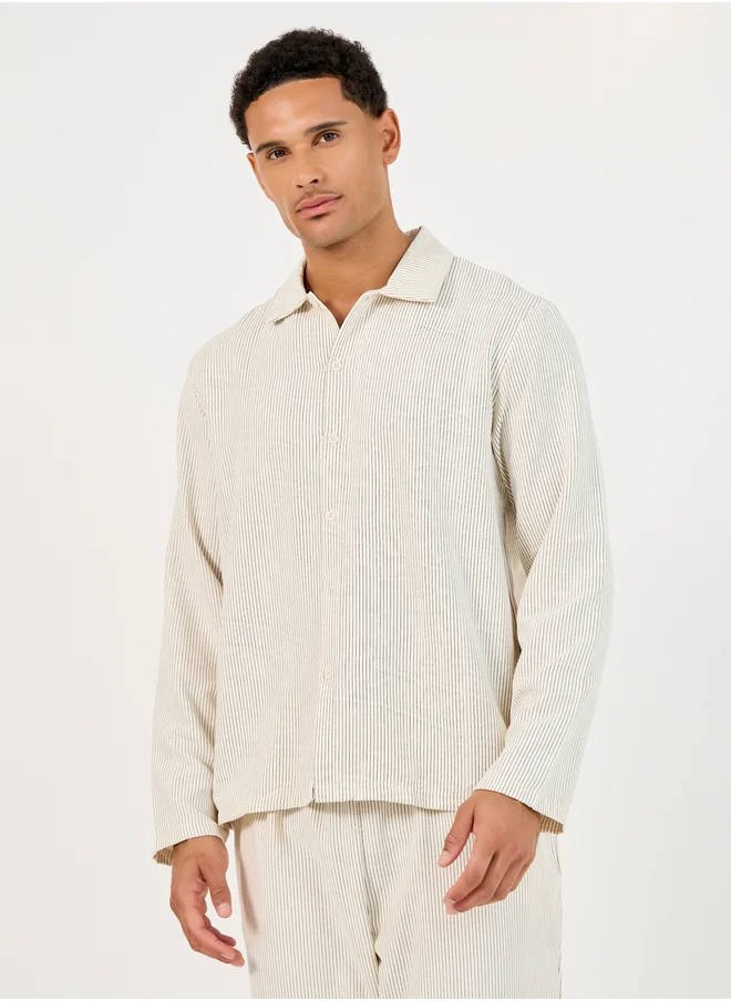 ستايلي Styli Textured Woven Striped Long Sleeve Shirt and Pyjama Set