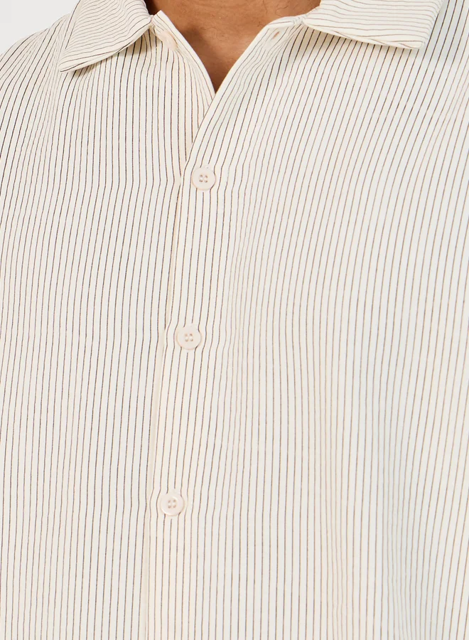 Styli Textured Woven Striped Long Sleeve Shirt and Pyjama Set
