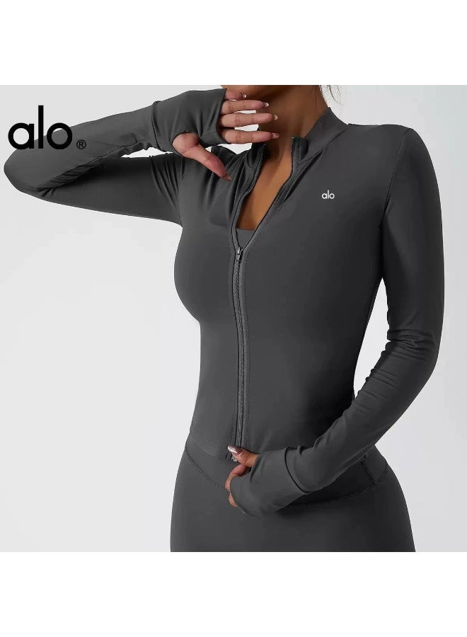 Alo Yoga Brown Full Zip Long Sleeve Yoga Jacket for Women - Slim Fit High Elastic Gym Workout Activewear with Thumb Holes - Image 1