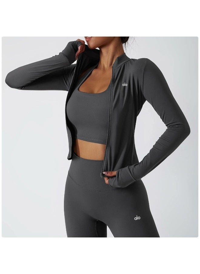 Alo Yoga Brown Full Zip Long Sleeve Yoga Jacket for Women - Slim Fit High Elastic Gym Workout Activewear with Thumb Holes - Image 2