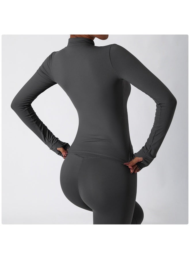 Alo Yoga Brown Full Zip Long Sleeve Yoga Jacket for Women - Slim Fit High Elastic Gym Workout Activewear with Thumb Holes - Image 3