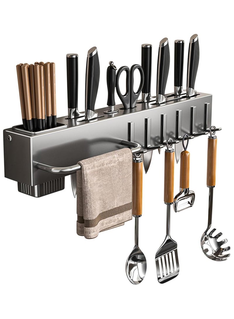 Kitchen Knife Rack, Wall Mounted Kitchen Organizer with 6 Hooks, 2 Chopstick Buckets, 1 Towel Bar, Cutlery Rack Organizer, Spatula and Spoon Hanger