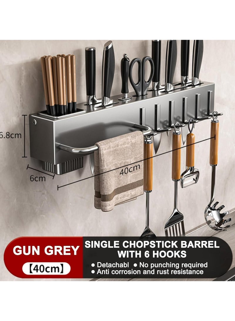 Kitchen Knife Rack, Wall Mounted Kitchen Organizer with 6 Hooks, 2 Chopstick Buckets, 1 Towel Bar, Cutlery Rack Organizer, Spatula and Spoon Hanger