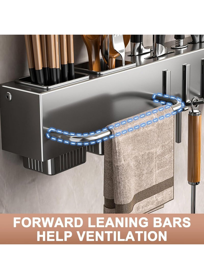 Kitchen Knife Rack, Wall Mounted Kitchen Organizer with 6 Hooks, 2 Chopstick Buckets, 1 Towel Bar, Cutlery Rack Organizer, Spatula and Spoon Hanger