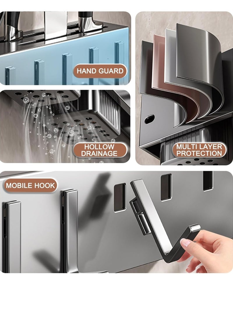 Kitchen Knife Rack, Wall Mounted Kitchen Organizer with 6 Hooks, 2 Chopstick Buckets, 1 Towel Bar, Cutlery Rack Organizer, Spatula and Spoon Hanger