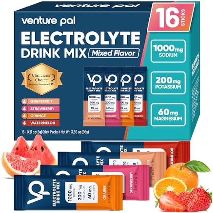 Venture Pal High Sodium Sugar Free Electrolytes Powder Packet - Hydration Packets with Vitamin, Sodium & Potassium | Zero Calories | Vegan, Keto & Paleo Friendly Electrolyte Drink Mix - 16 Sticks - Image 1