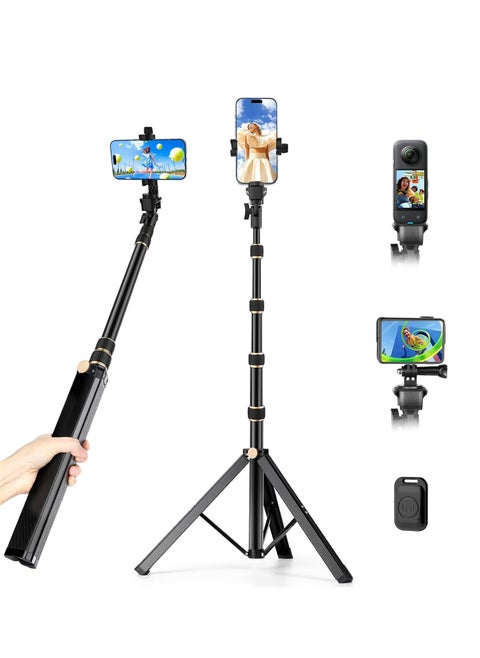 170cm Tripod Stand for iPhone, Extendable Phone Holder with Remote Control and 360° Rotating Phone Holder, Sturdy Aluminum Selfie Stick with Wide Legs and Thicker Tube, Gold Handle Lock