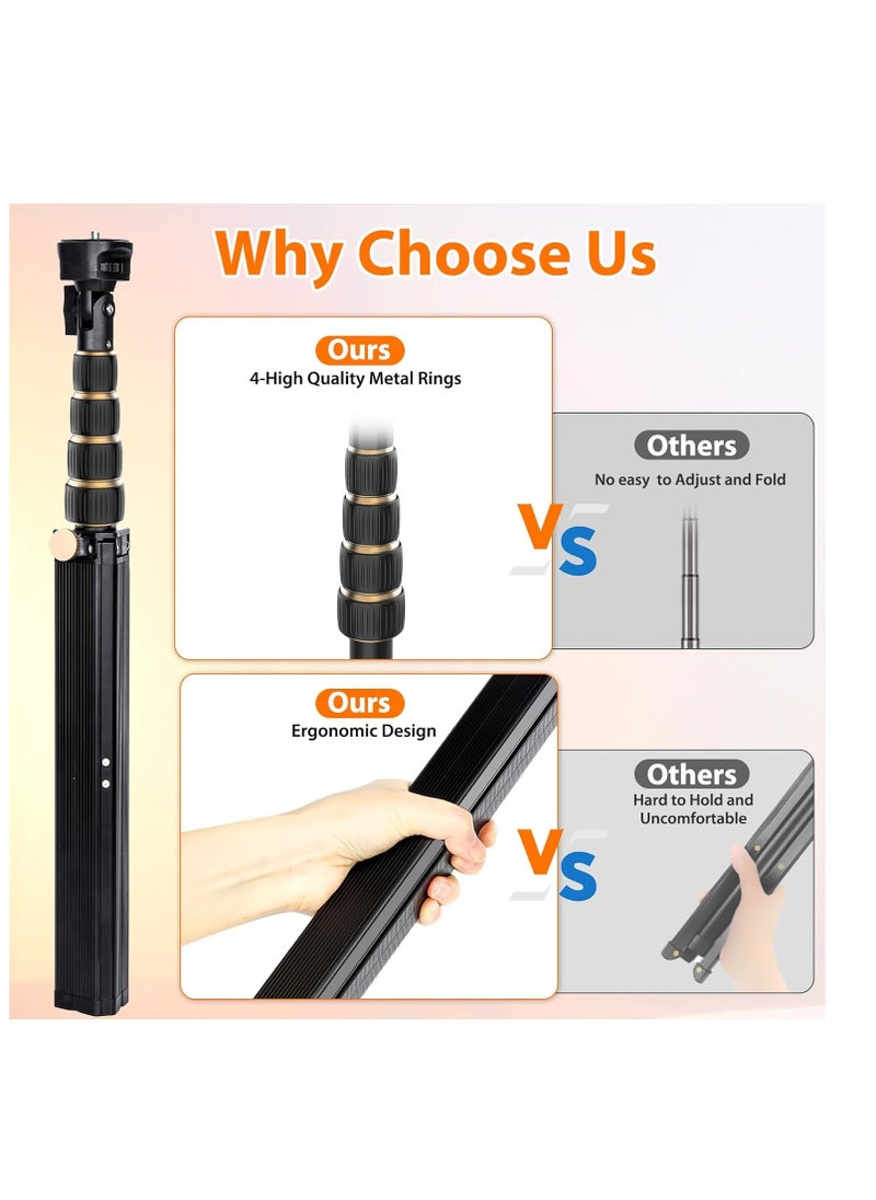 170cm Tripod Stand for iPhone, Extendable Phone Holder with Remote Control and 360° Rotating Phone Holder, Sturdy Aluminum Selfie Stick with Wide Legs and Thicker Tube, Gold Handle Lock